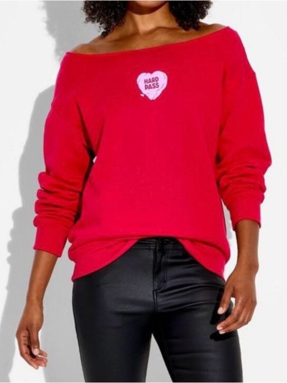 Women’s Off-Shoulder Red Sweater with Heart Size Medium